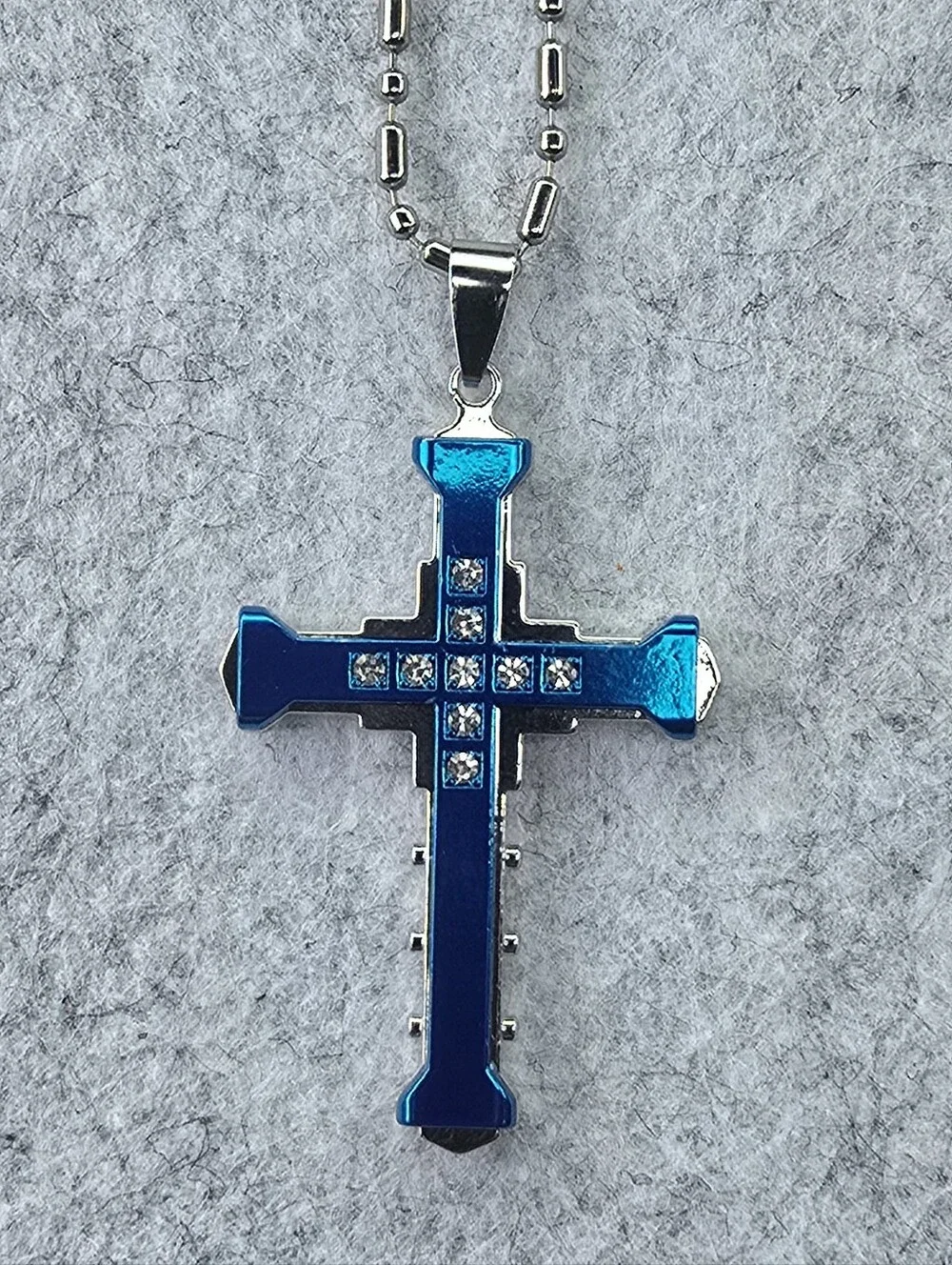 Blue Stainless Steel Cross Pendant Necklace Christian CZ Crystal Crucifix 24 In